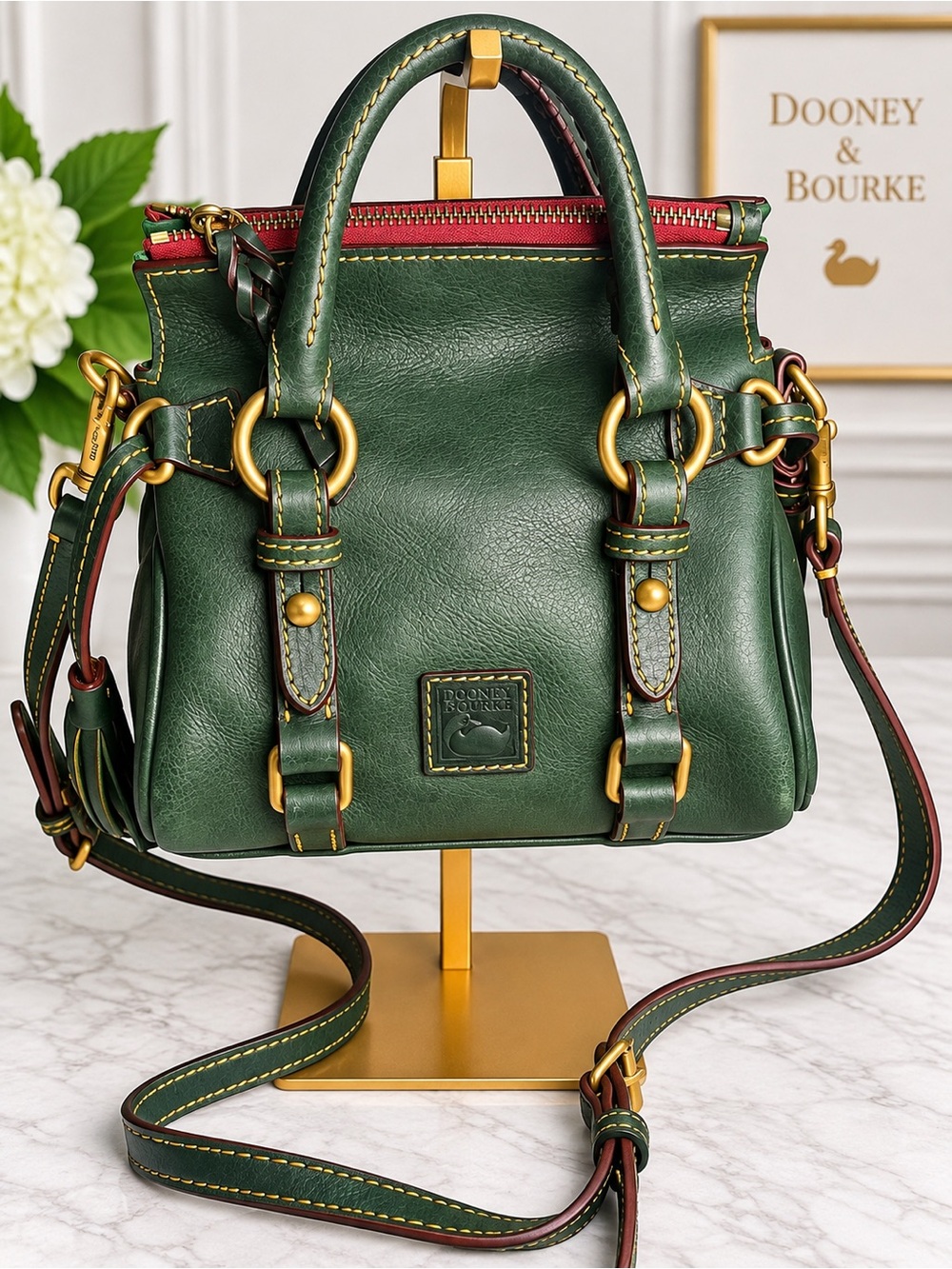 Dooney & Bourke Forest Green Leather Mini micro Florentine Satchel with Red Trim